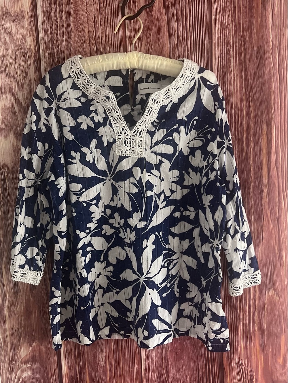 Alfred Dunner Navy & White Crochet-Trim Floral Tunic